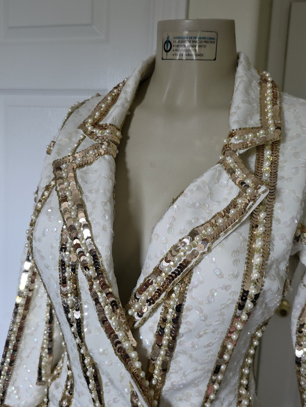 ASOS DESIGN CREAM Mini Blazer Dress with Gold Sequin Trim - Picture 5 of 13